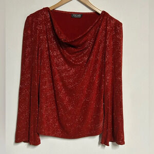 Joanna Chen Women's Medium Red Sparkle Cowl Neck Top Split Bell Sleeve Christmas